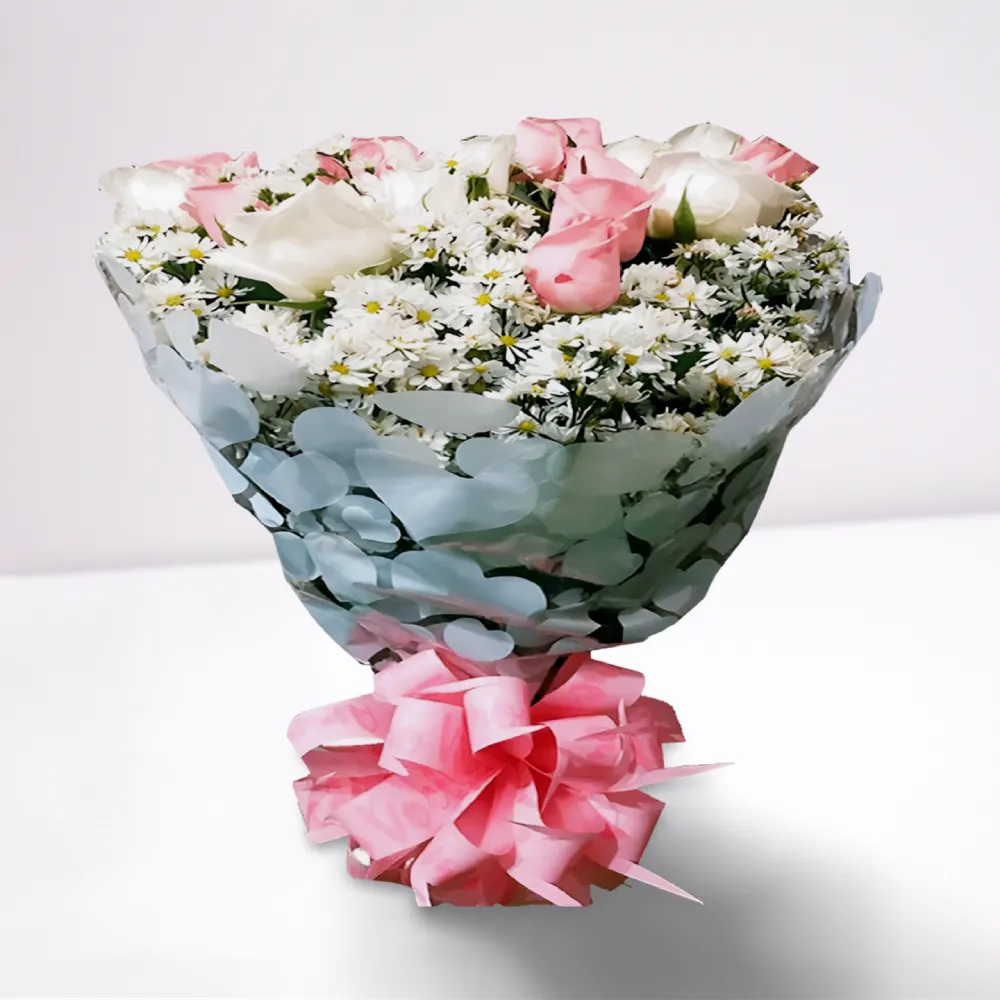 Buquê 20 Rosas Cor de Rosa e Brancas naturais com entrega rápida em Recife e região.