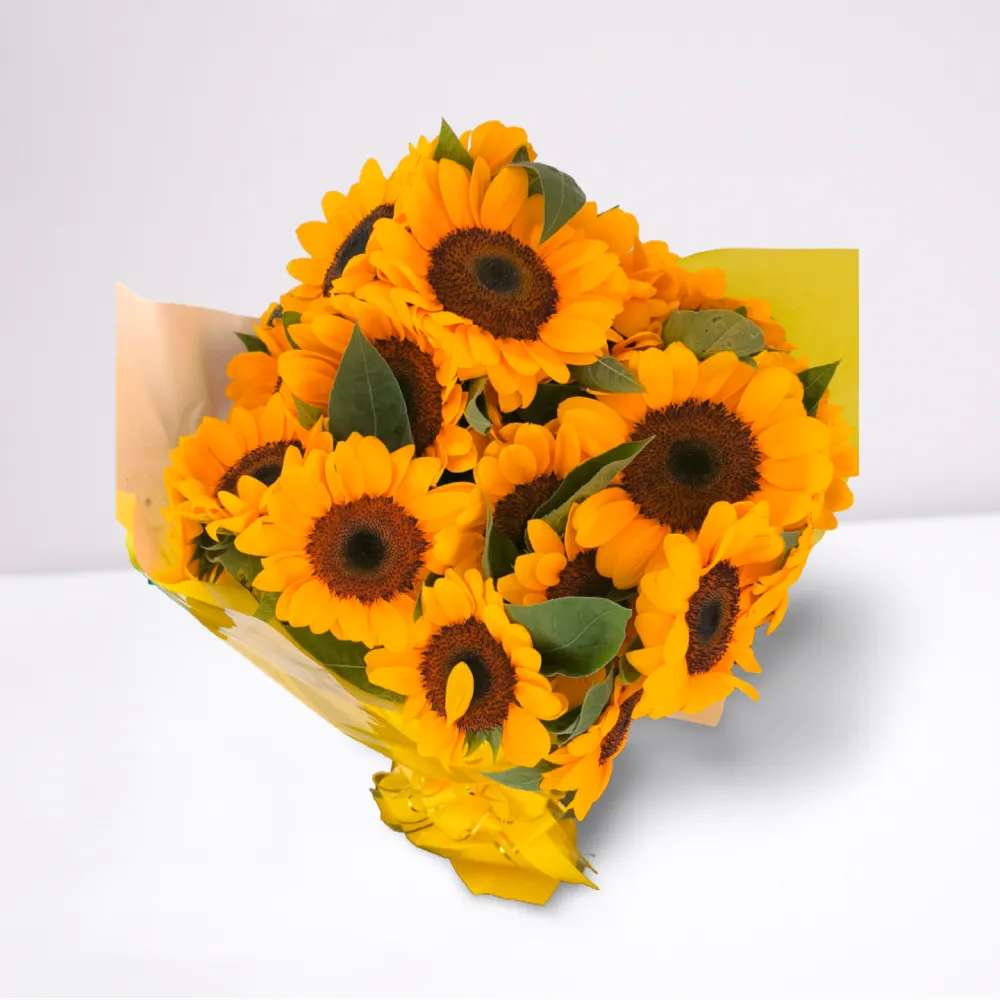 Buquê 20 girassóis naturais, decorado com flores brancas e folhagens