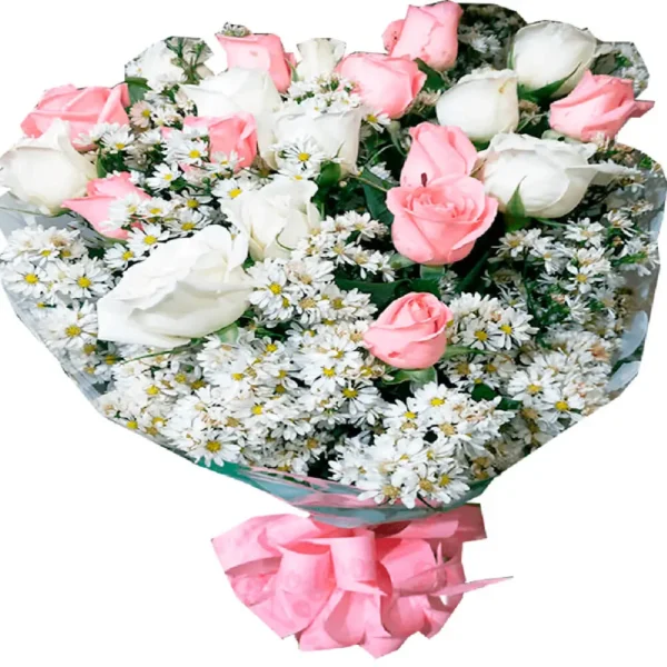 Buquê 20 rosas cor de rosa e brancas naturais
