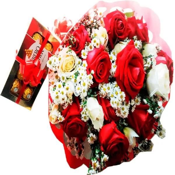 Buquê 20 rosas vermelhas e brancas naturais com chocolates ferrero rocher