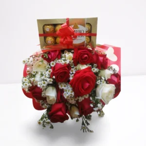 Buquê 20 Rosas Vermelhas e Brancas com Ferrero Rocher (Paixão Deliciosa) com entrega em Recife e região - Cestas Recife.