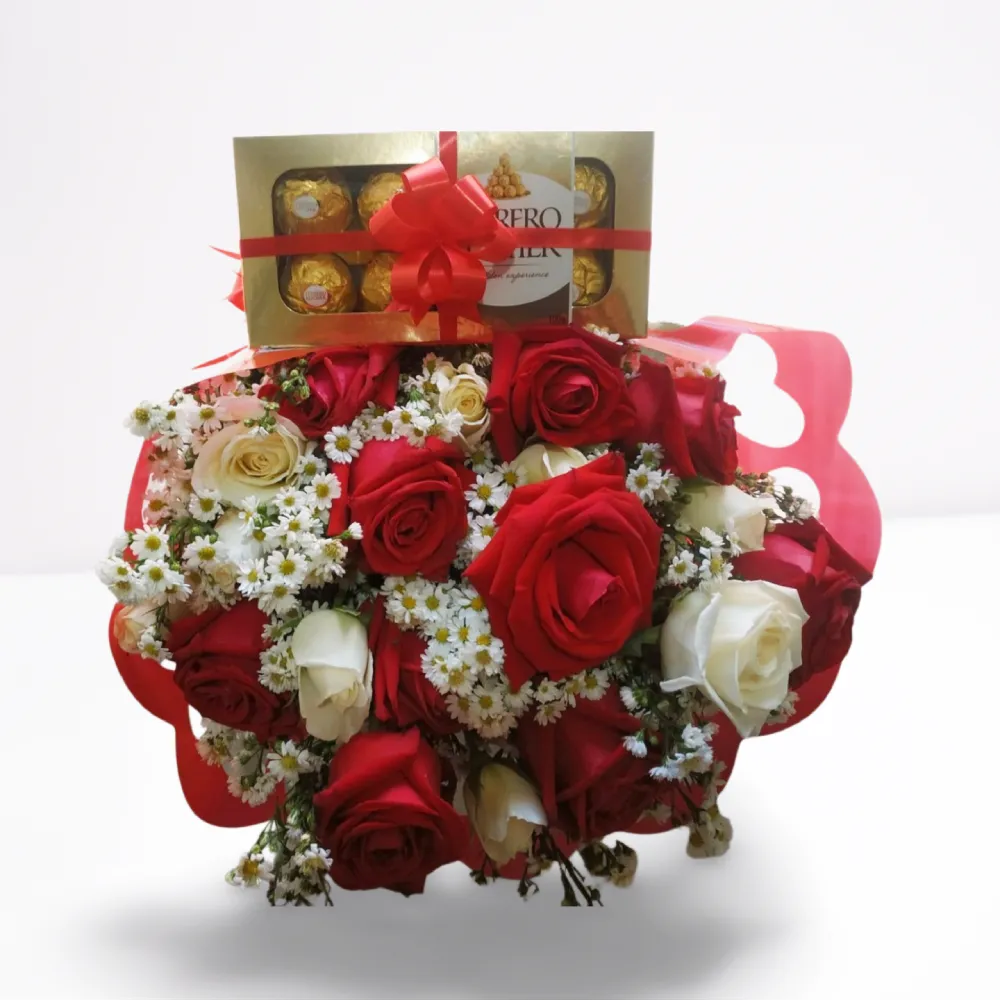 Buquê 20 Rosas Vermelhas e Brancas com Ferrero Rocher (Paixão Deliciosa) com entrega em Recife e região.