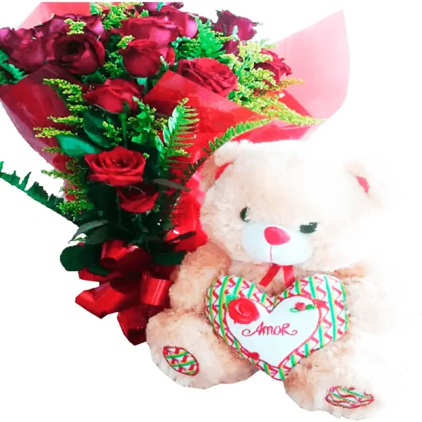Buquê 20 rosas vermelhas naturais com urso de pelúcia