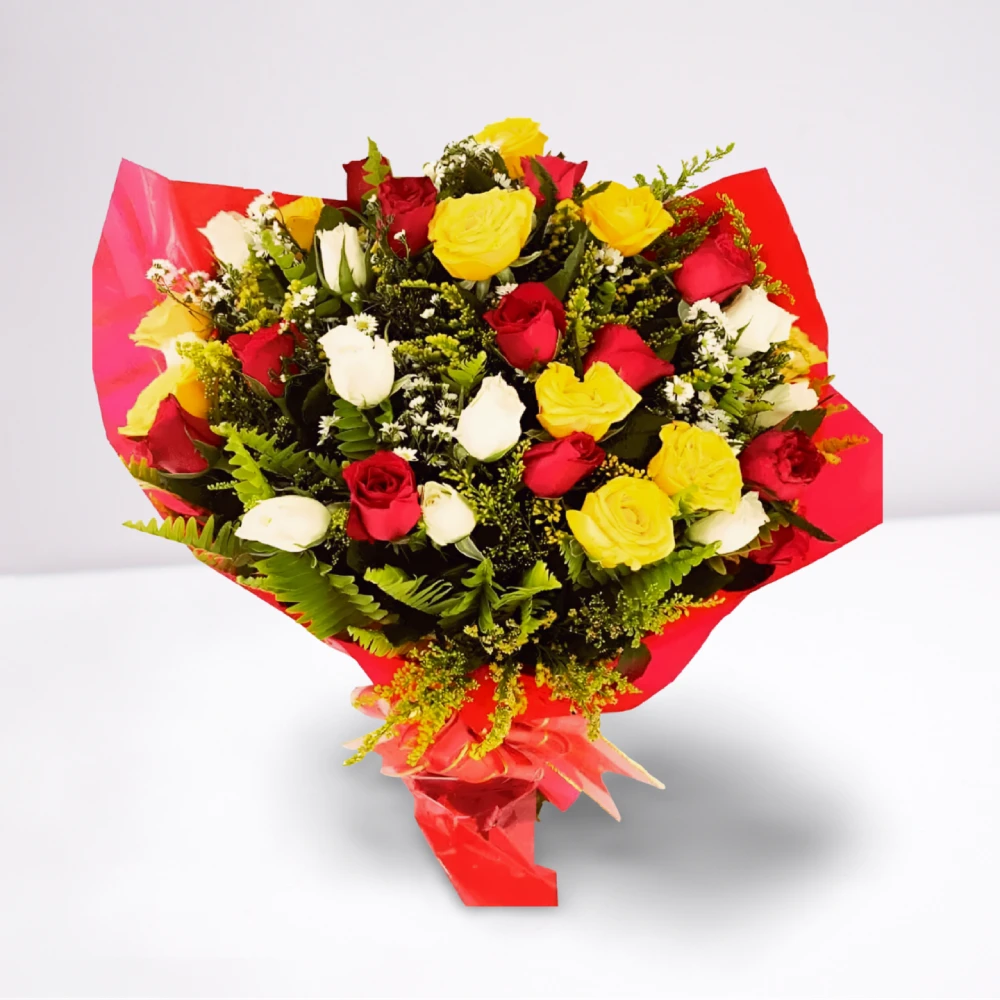 Buquê 30 Rosas Vermelhas Amarelas e Brancas (Mix de Emoções) para presente em Recife