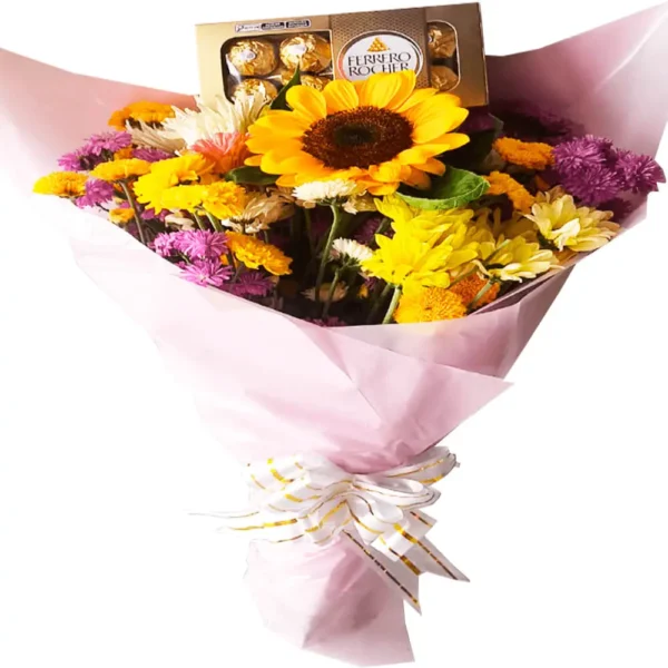 Buquê flores do campo com girassol e ferrero rocher