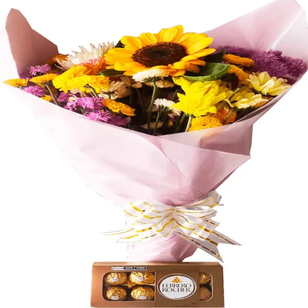 Buquê flores do campo com girassol e ferrero rocher