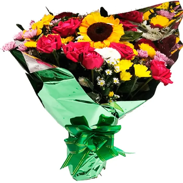 Buquê flores do campo com 2 girassóis e 10 rosas vermelhas naturais