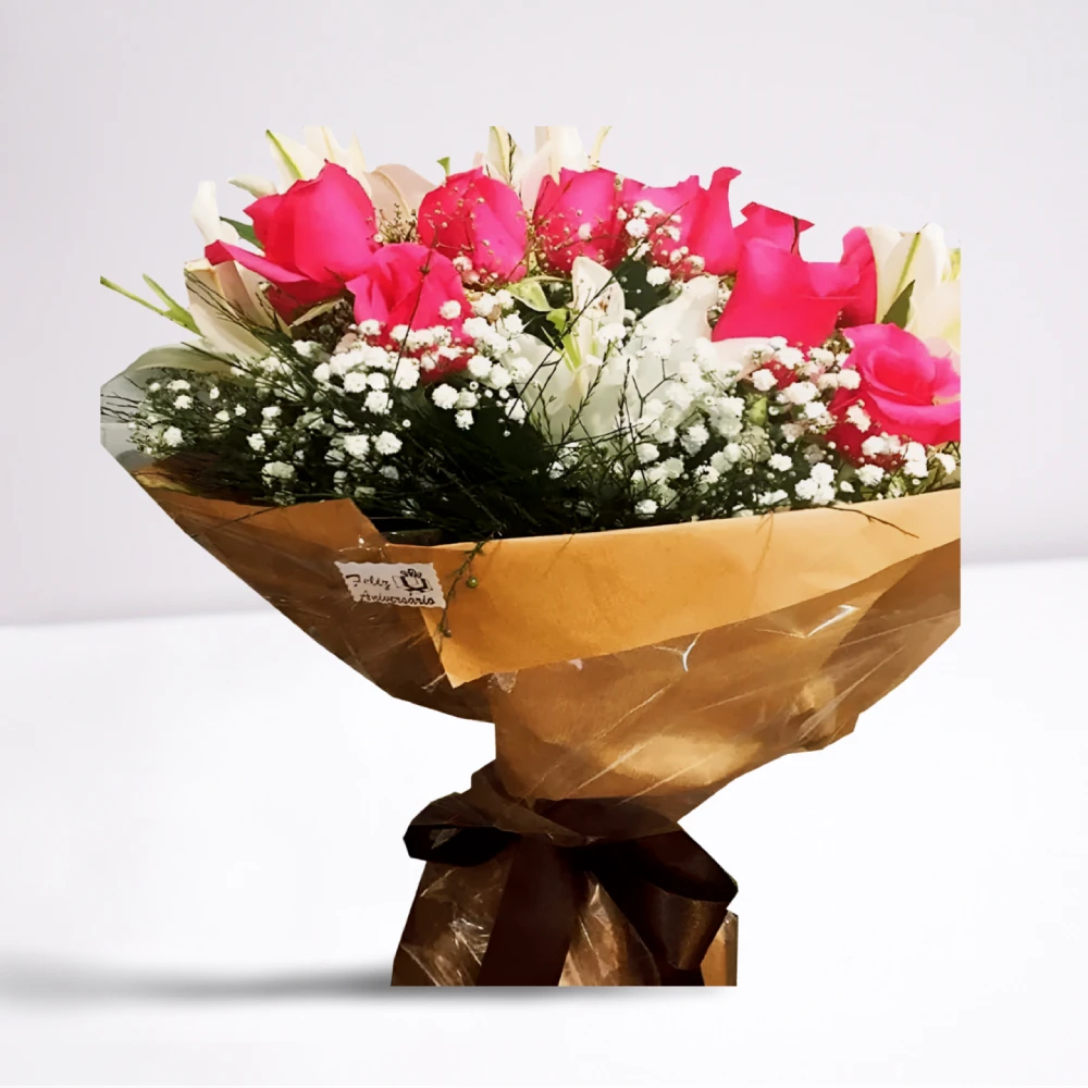 Buquê Lírios Brancos e Rosas Pink (Paixão e Pureza), ideal para presentear em Recife