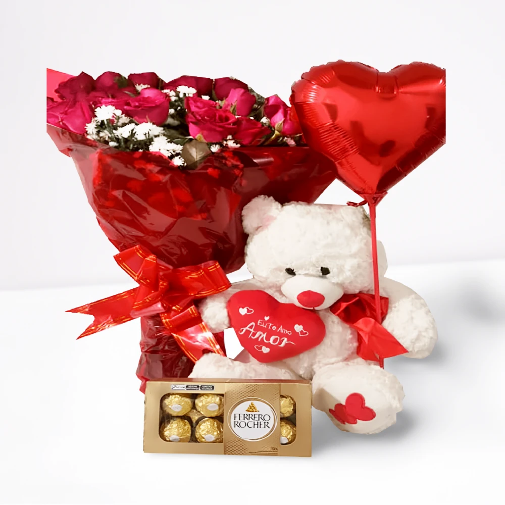 Buquê 25 Rosas Vermelhas com Urso de Pelúcia e Ferrero Rocher e Balão, fazemos entrega em Recife e região.