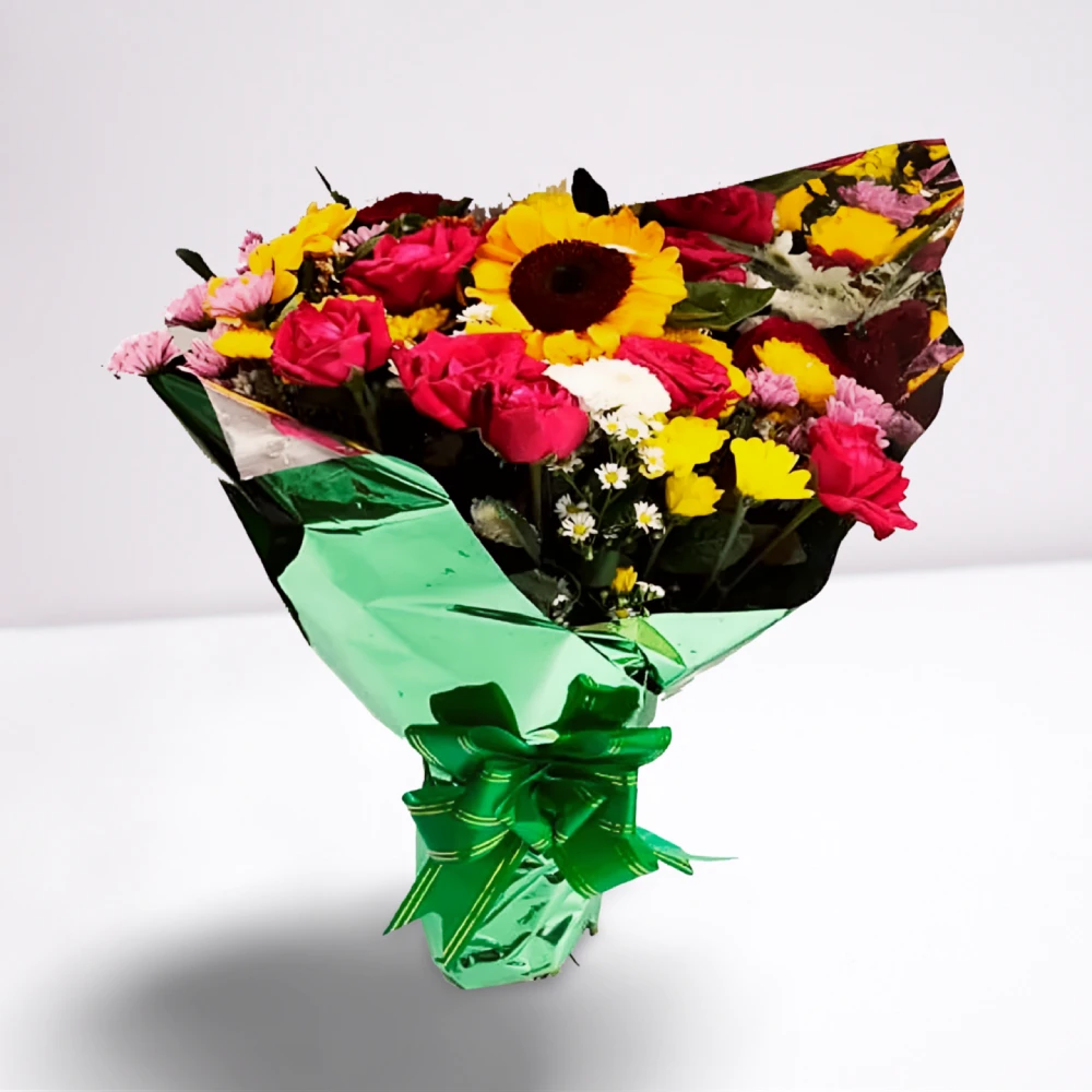 Buquê Flores do Campo com 2 Girassóis e 10 Rosas Vermelhas, presente especial em Recife