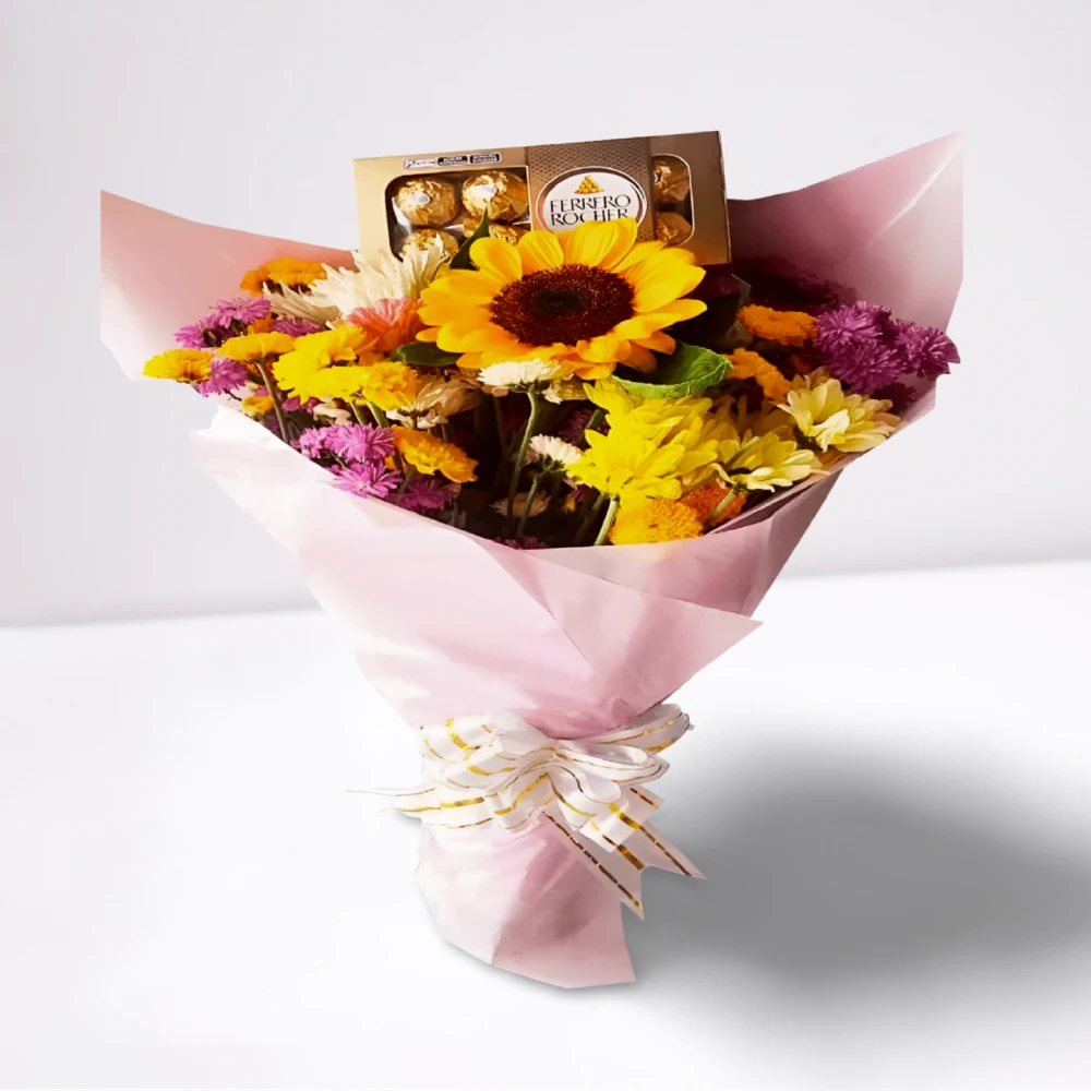 Buquê Flores do Campo com Girassol e Ferrero Rocher, presente especial em Recife