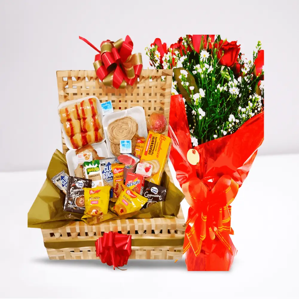 Cesta Café 40 Itens e 20 Rosas (Sabores & Amor) – presente romântico e completo em Recife.