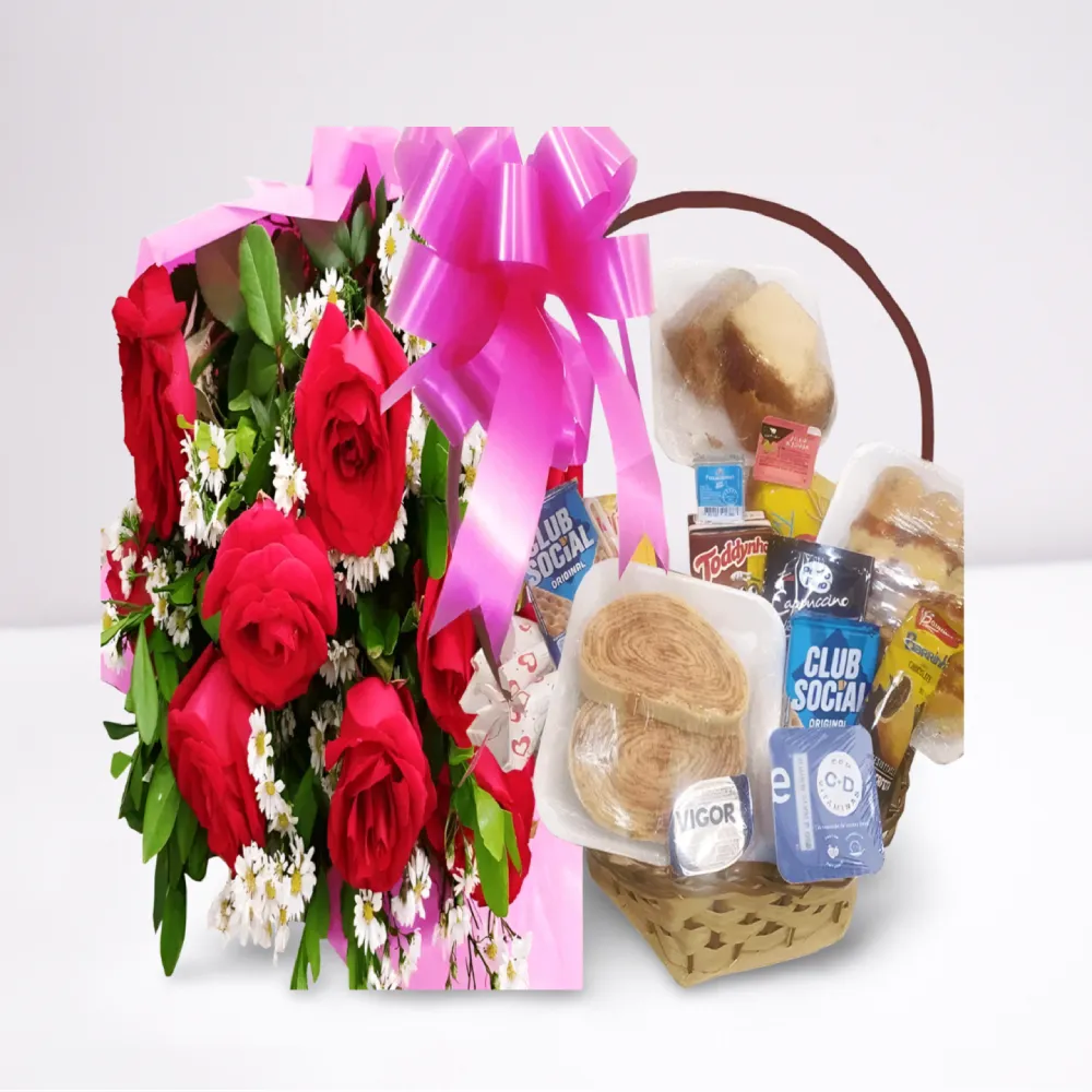 Cesta chá da tarde 30 itens com buquê 10 rosas vermelhas em Recife