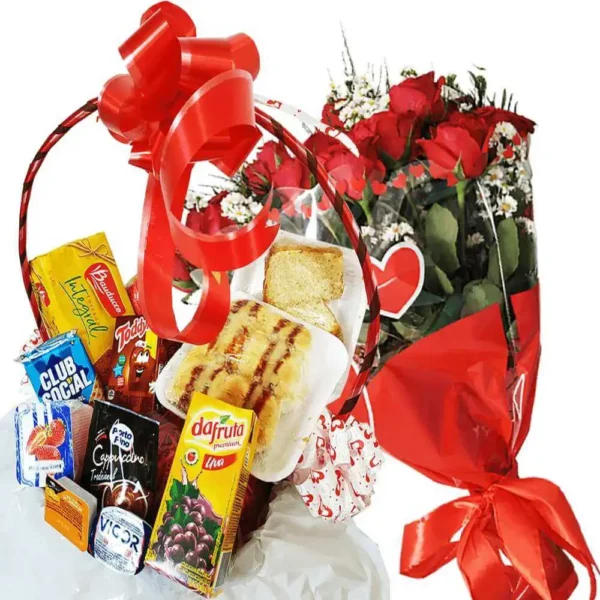 cesta de café 30 itens + buquê 10 rosas