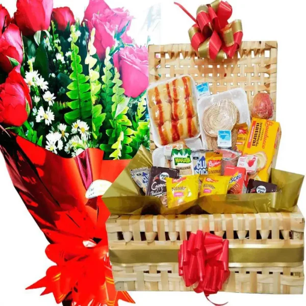 cesta de café 40 itens + buquê 20 rosas