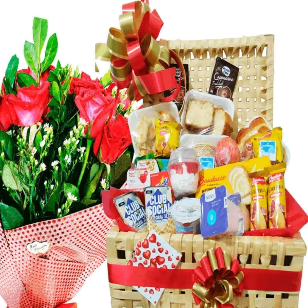 cesta de café 50 itens + buquê 20 rosas