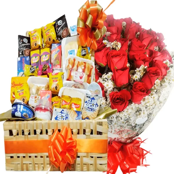 cesta de café 70 itens + buquê 20 rosas