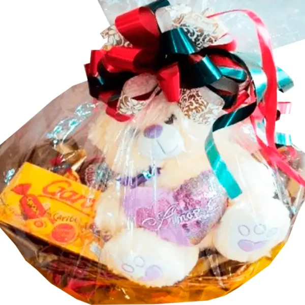 Cesta de natal com chocolates e urso de pelúcia