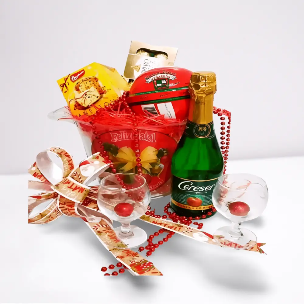 Cesta de Natal no balde de gelo com panetone, vinho, espumante e chocolates