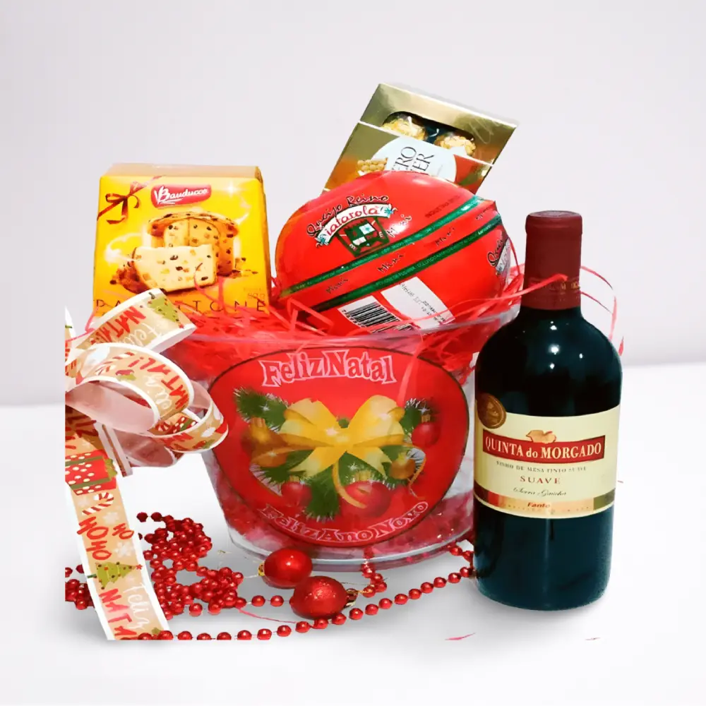 Cesta de Natal no balde de gelo com panetone, vinho, espumante e chocolates