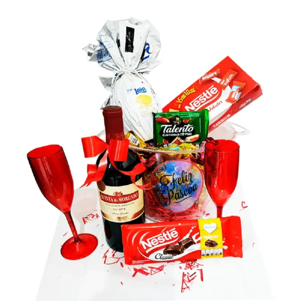 Cesta de páscoa com vinho e chocolates no balde