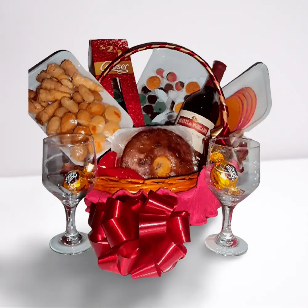 Cesta aniversário de casamento com vinho, taças, bolo, doces e salgados em Recife