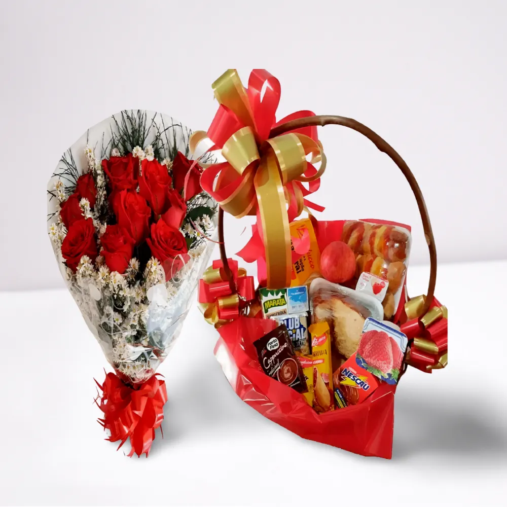 Cesta de Café da Manhã 20 Itens com Buquê 10 Rosas Vermelhas – presente romântico com entrega em Recife e região.