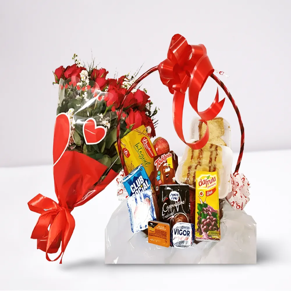 Cesta de Café da Manhã 30 Itens com Buquê 10 Rosas Vermelhas – presente romântico e especial em Recife.