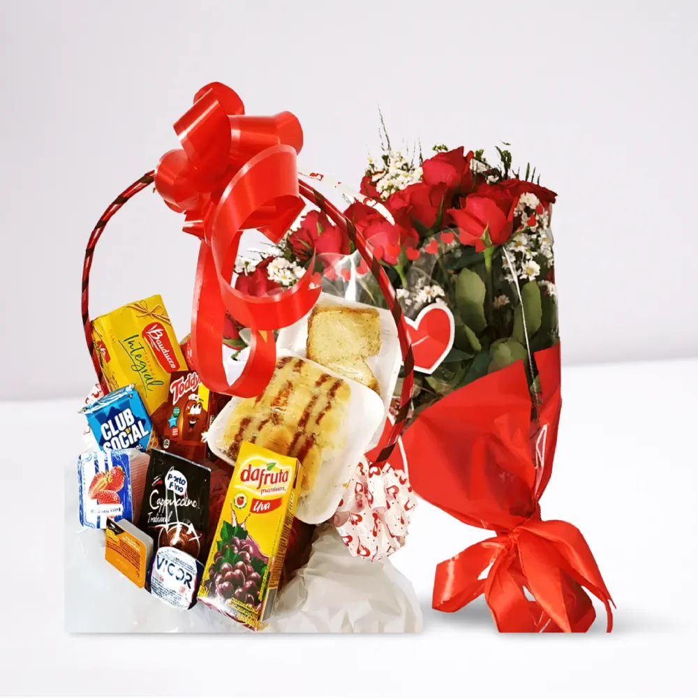 Cesta de Café da Manhã 30 Itens com Buquê 10 Rosas Vermelhas – presente romântico e especial em Recife.