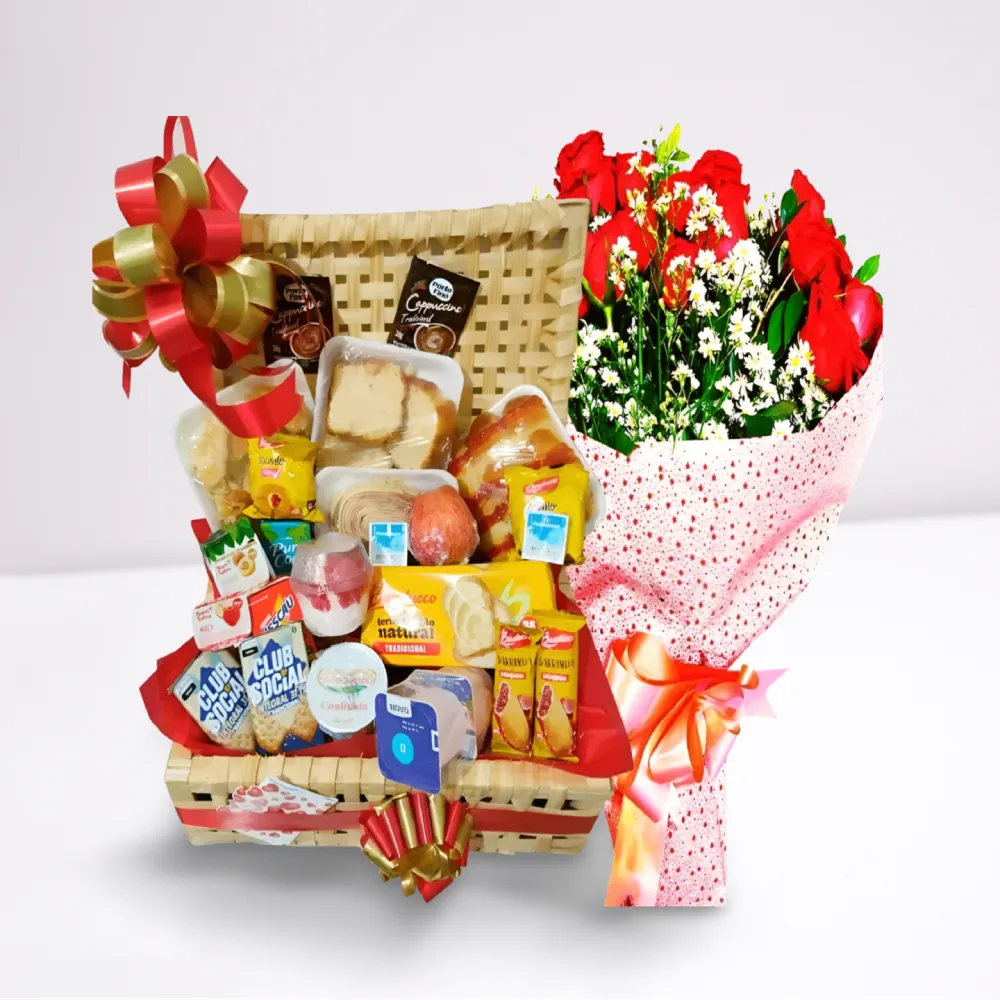 Cesta de Café da Manhã 50 Itens com Buquê 20 Rosas Vermelhas Naturais – presente romântico e completo em Recife.