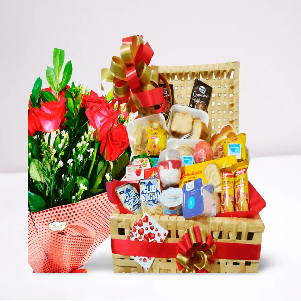 Cesta de Café da Manhã 50 Itens com Buquê 20 Rosas Vermelhas - Imagem 2
