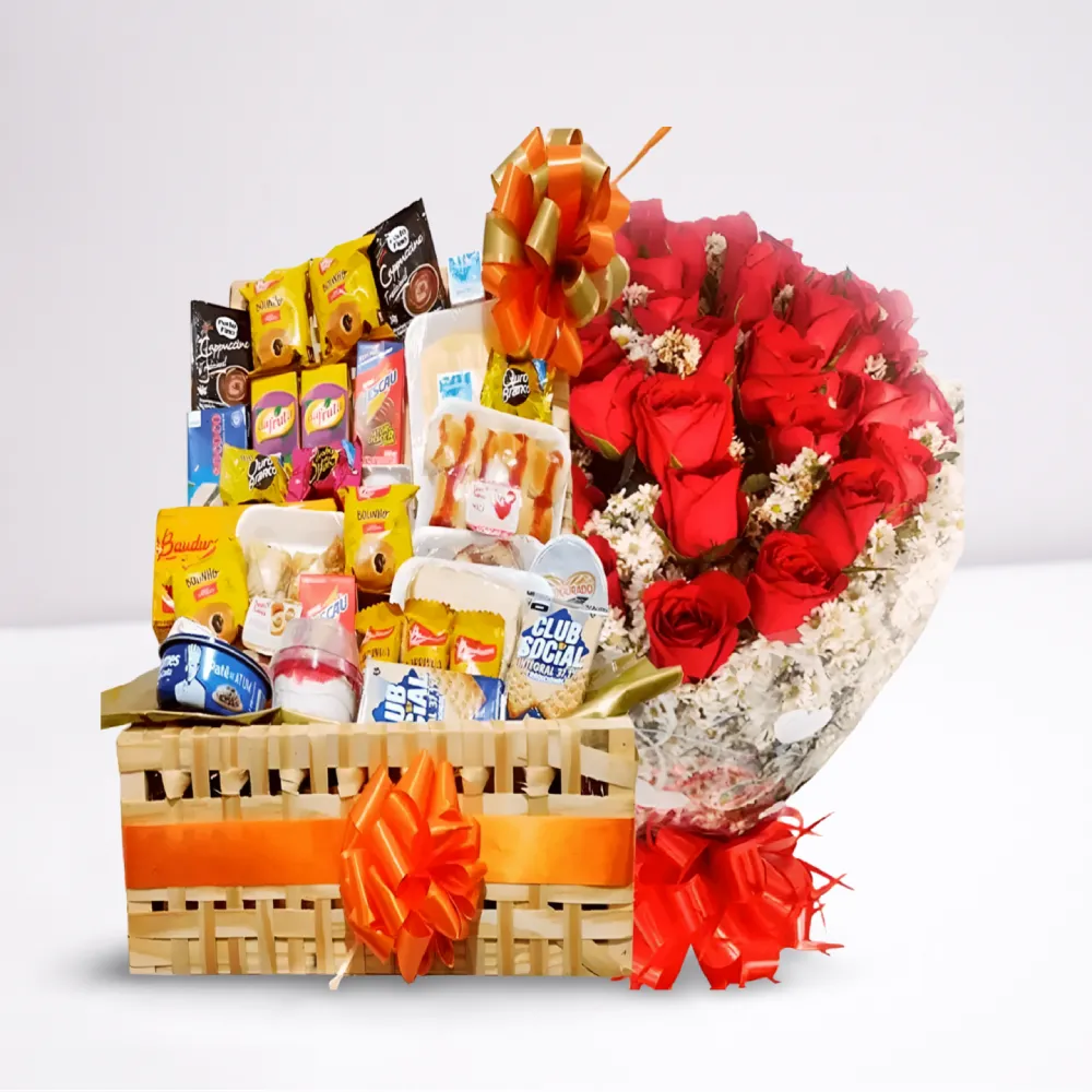 Cesta de café da manhã 70 itens com buquê 20 rosas vermelhas naturais em Recife