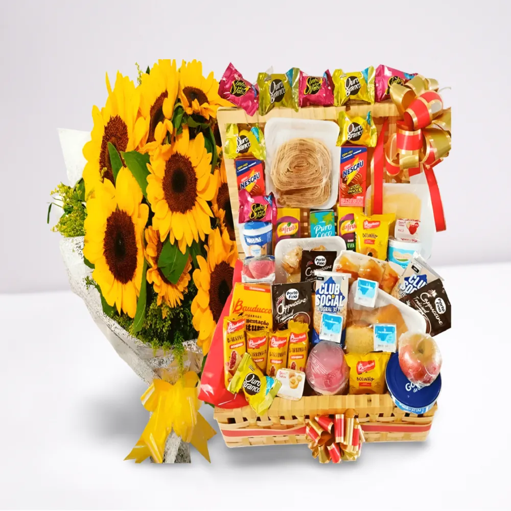 Cesta de Café da Manhã 80 Itens com Buquê 10 Girassóis - Imagem 2