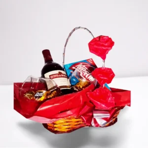 Cesta com vinho suave Quinta do Morgado, taças e chocolates. Entrega em Recife e Região.