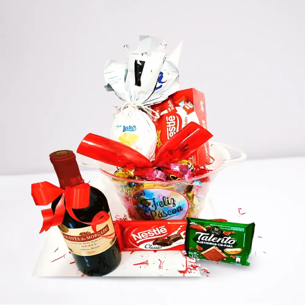Cesta de Páscoa com vinho e chocolates no balde decorado, com entrega em Recife e Região
