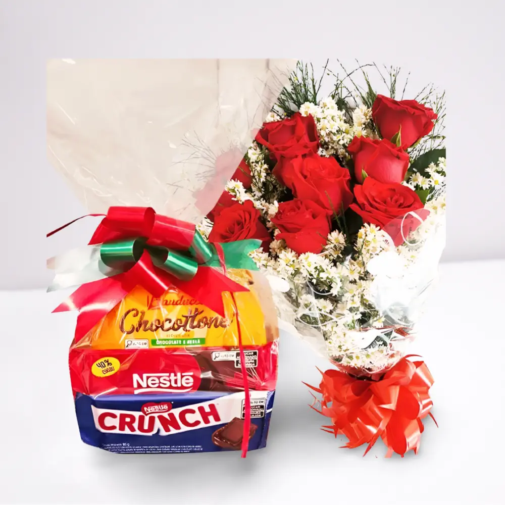Chocottone Bauducco com Buquê 10 Rosas Vermelhas embalados para presente em Recife e Região.