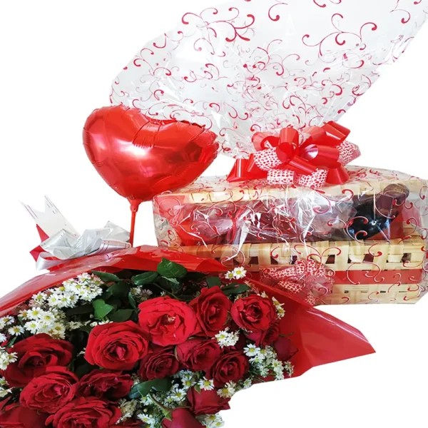 Festa na caixa com buquê 20 rosas vermelhas