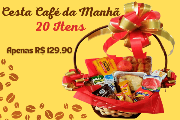 Banner cesta de café da manhã 20 itens em promoção com entrega rápida em Recife e região.