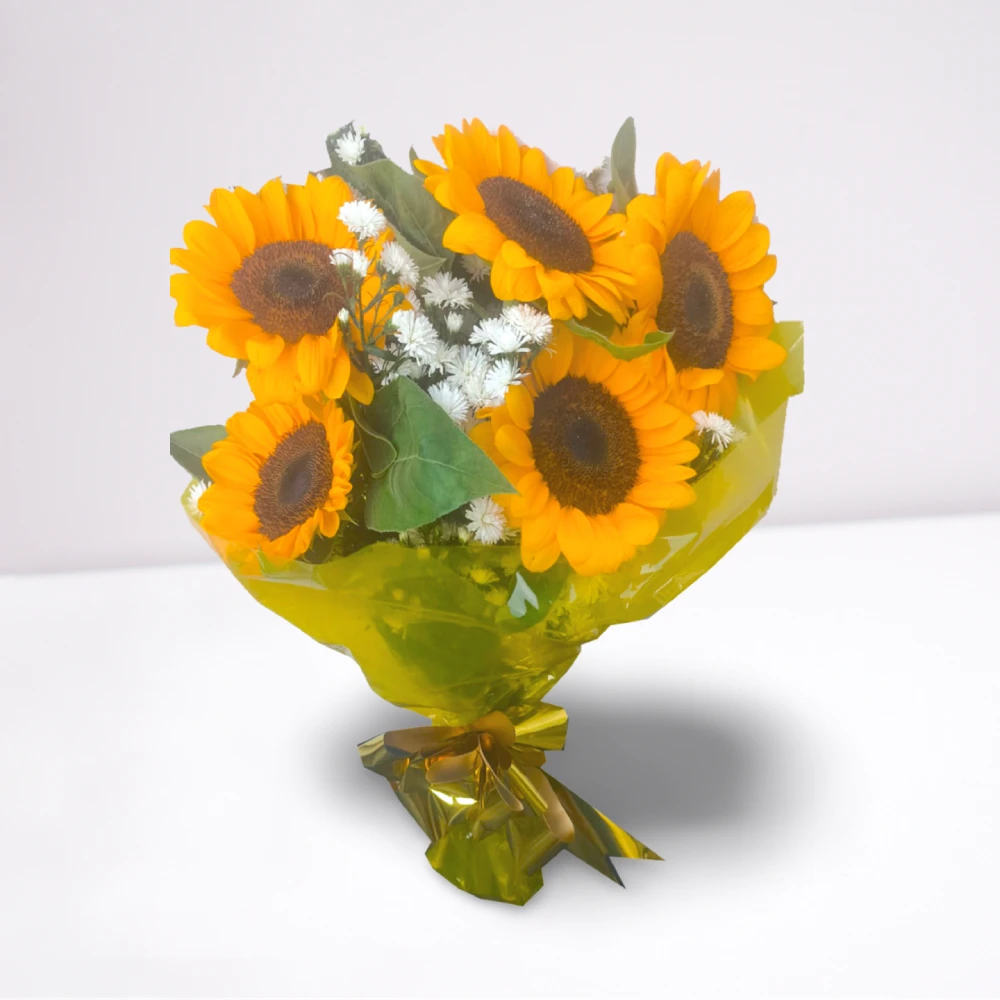 Surpreenda hoje mesmo com esse lindo buquê 05 girassóis naturais.