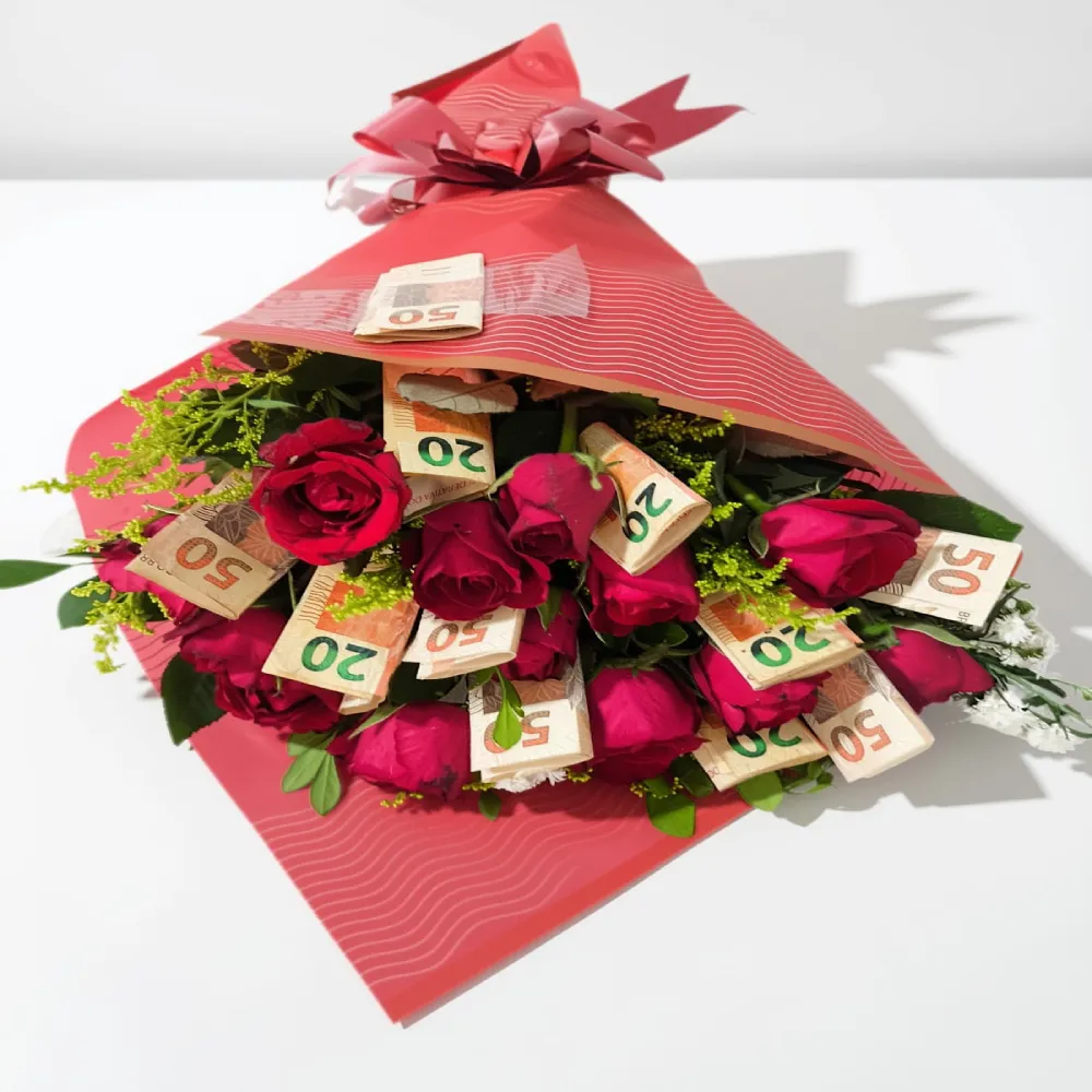 Buquê 10 rosas vermelhas com dinheiro. Entrega em Recife e região.