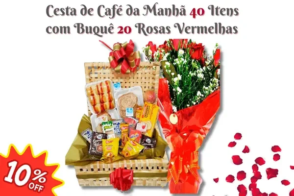 Banner cesta de café da manhã 40 itens com buquê 20 rosas vermelhas