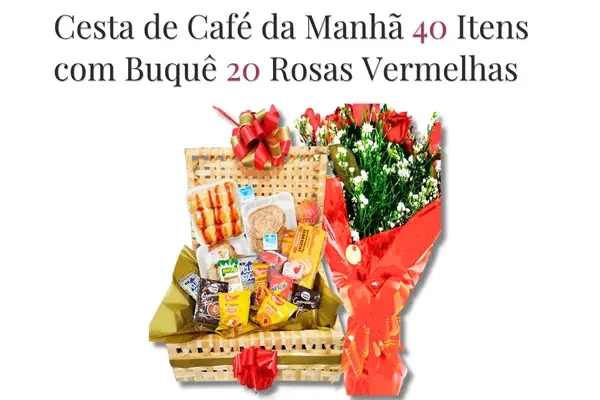 Banner cesta de café da manhã 40 itens com 20 rosas vermelhas naturais com entrega rápida em Recife e região.
