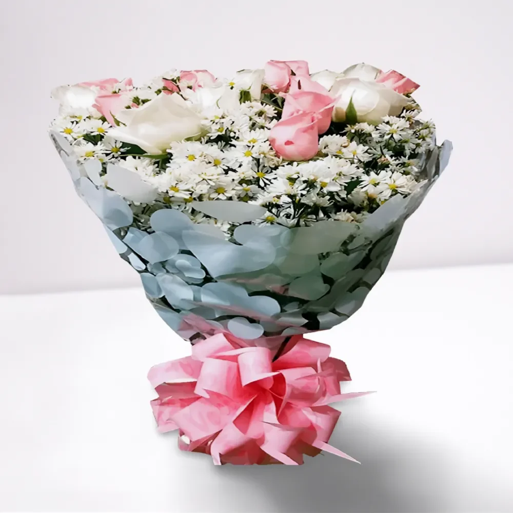 Buquê 20 Rosas Cor de Rosa e Brancas naturais com entrega rápida em Recife e região.