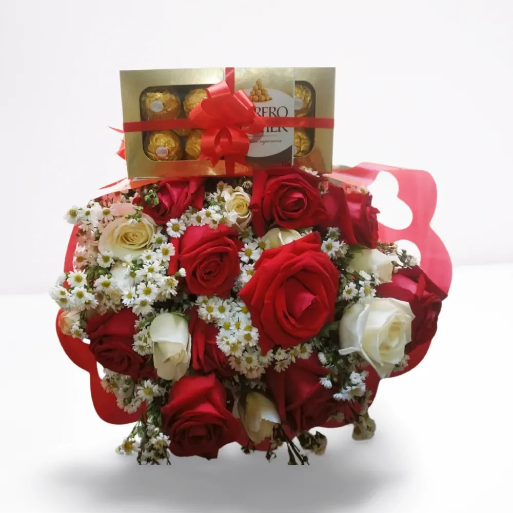 Buquê 20 Rosas Vermelhas e Brancas com Ferrero Rocher com entrega em Recife e região.