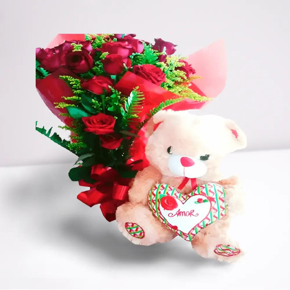 Buquê 20 rosas vermelhas com urso de pelúcia,