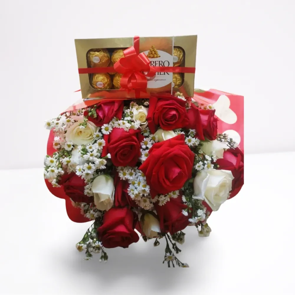 Buquê 20 Rosas Vermelhas e Brancas com Ferrero Rocher (Paixão Deliciosa) com entrega em Recife e região.
