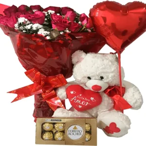 Buquê 25 rosas vermelhas naturais com urso de pelúcia e chocolates ferrero rocher e balão metalizado