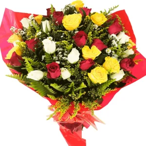 Buquê 30 rosas vermelhas amarelas e brancas