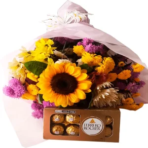 Buquê flores do campo com girassol e ferrero rocher
