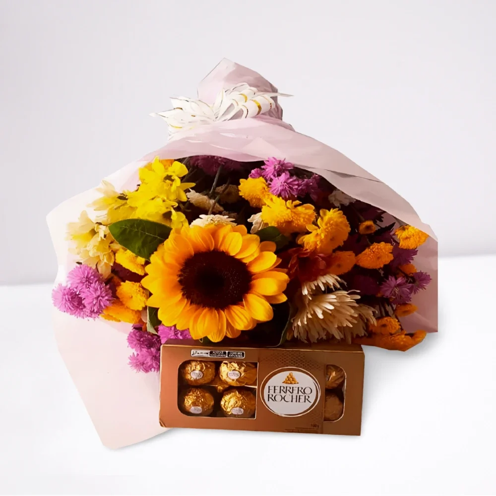 Buquê Flores do Campo com Girassol e Ferrero Rocher, presente especial em Recife